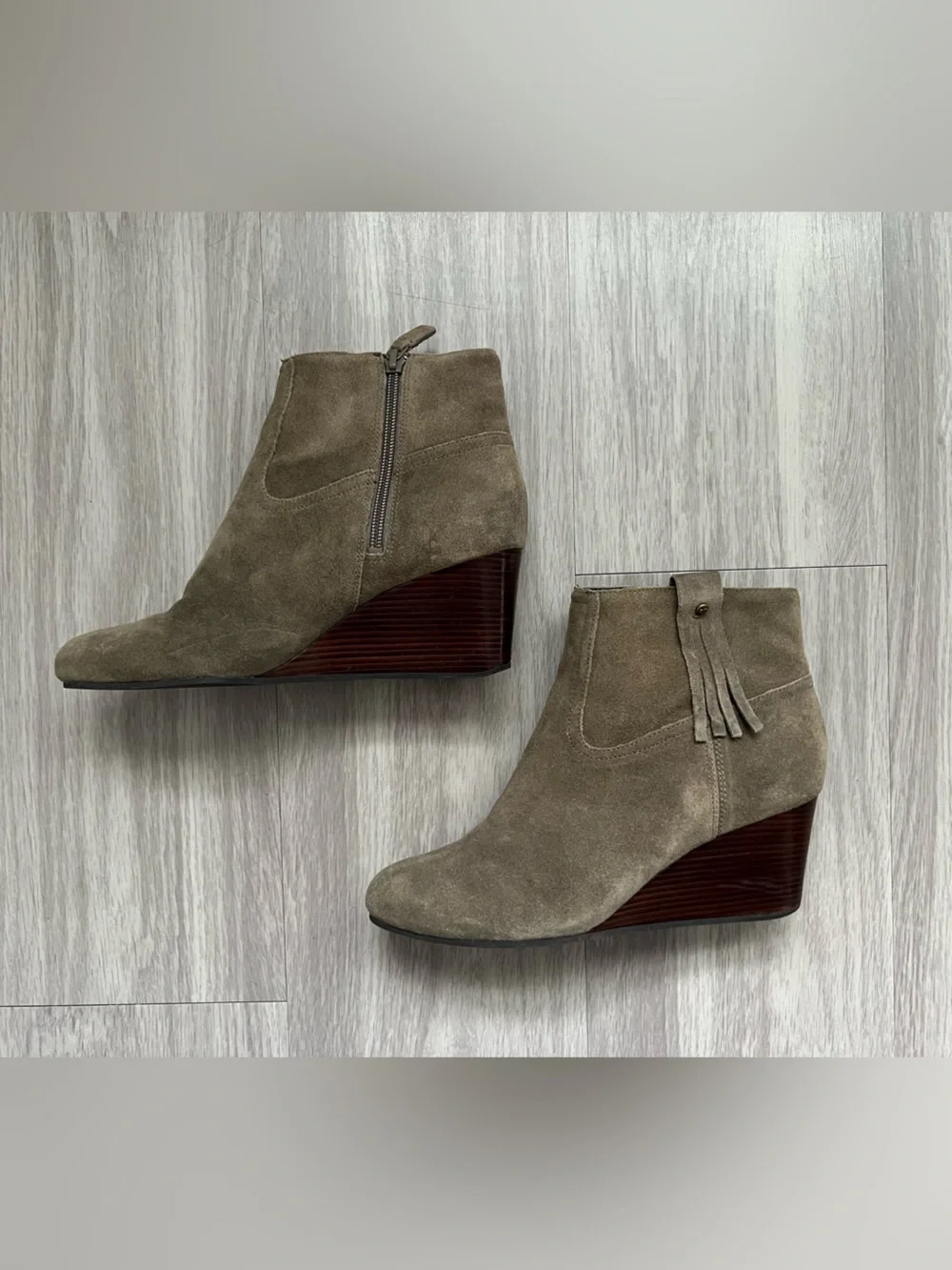 Cole Haan Suede Wedge Ankle Booties Taupe Brown Tassel Zip Size 8B